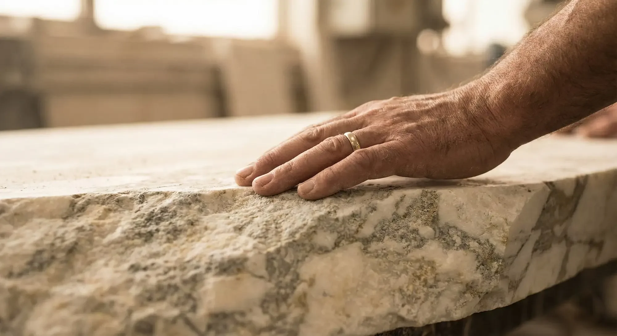Hand inspecting the raw edge and texture of a premium natural stone slab to ensure quality.