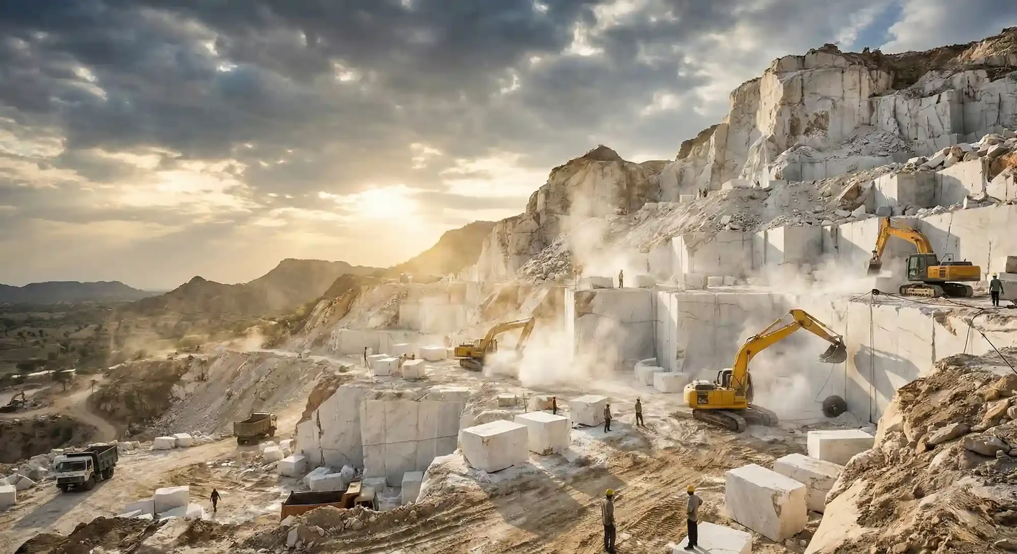 Open-pit marble quarry at sunset with excavators mining large blocks of white marble, workers managing operations, and a mountainous landscape in the background.