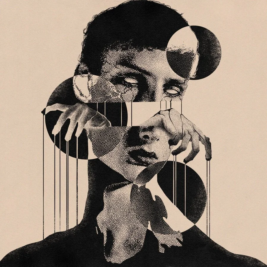 A monochrome abstract collage of a woman's face with overlapping circles and geometric shapes.