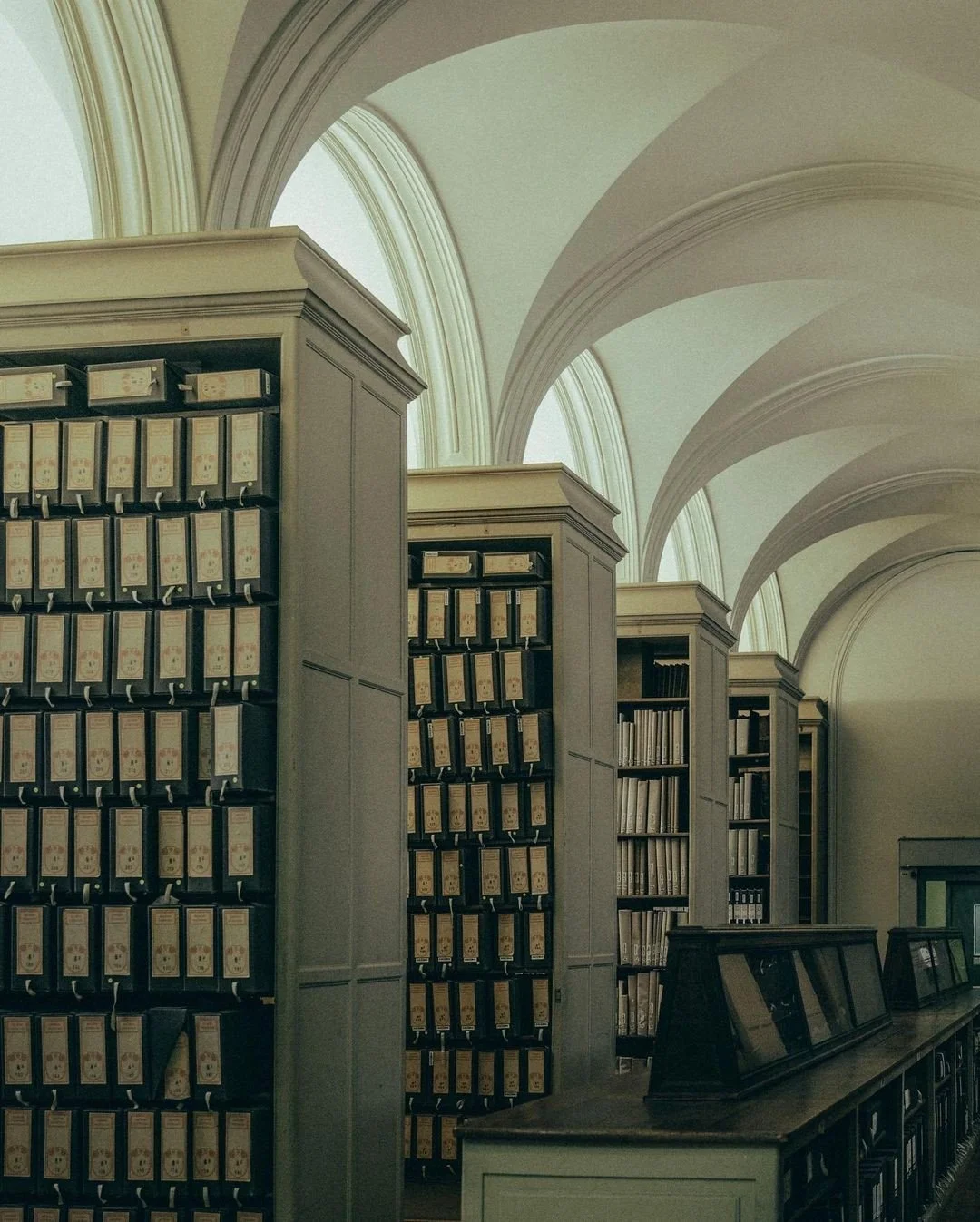 Interior of a library with tall bookshelves filled with books and card catalog drawers, arched ceilings, large windows, and a counter with framed displays.
