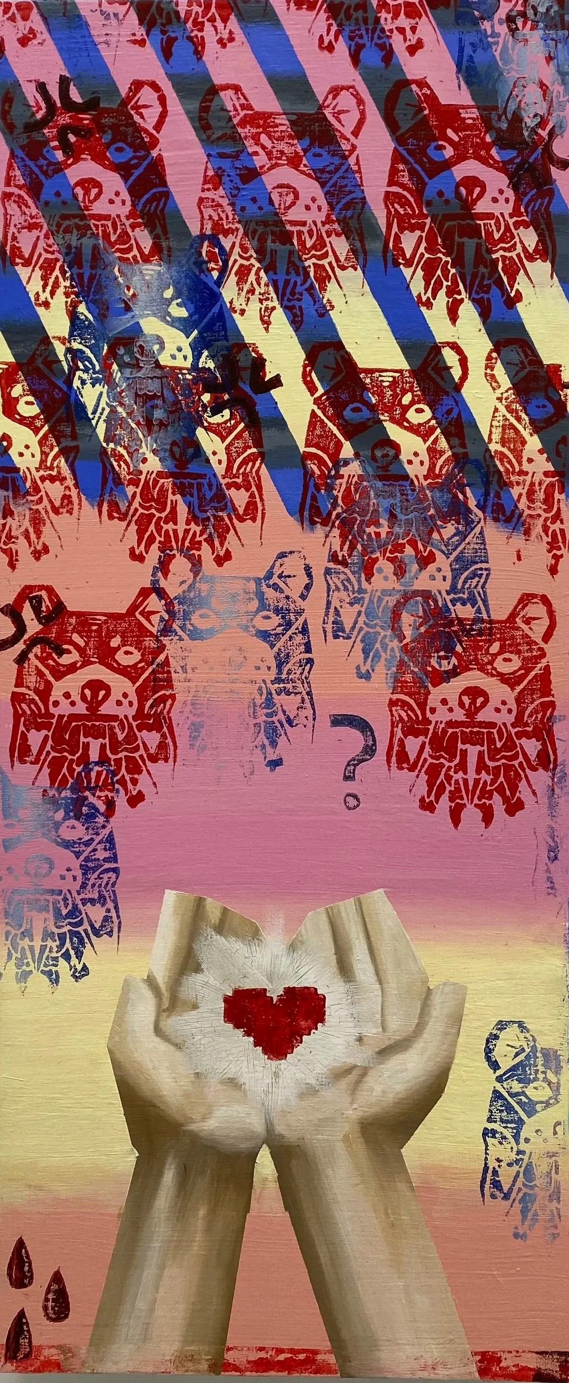 "The Teddy Bear Aliens Are Coming But I Think They're Cute", oil, acrylic and ink on canvas, 70cm x 30cm, 2023