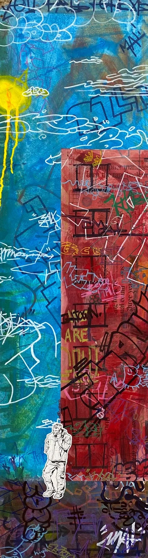 "Rosebank", acrylic paint. pen and collage on wood, 140cm x 35cm, 2022