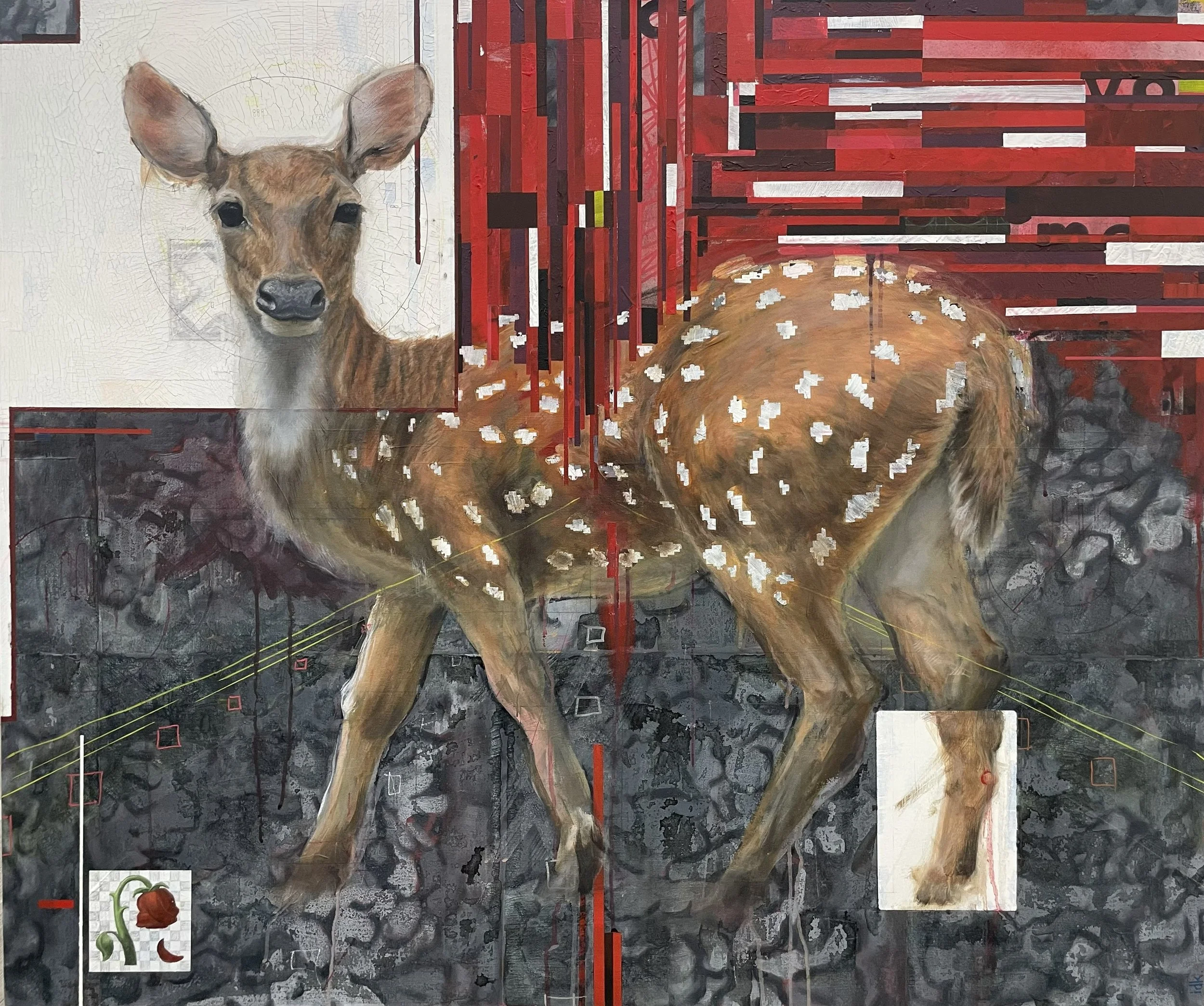 "Shrine to Roadkill", 100cm x 120cm, oil, acrylic, and pen on canvas, 2026