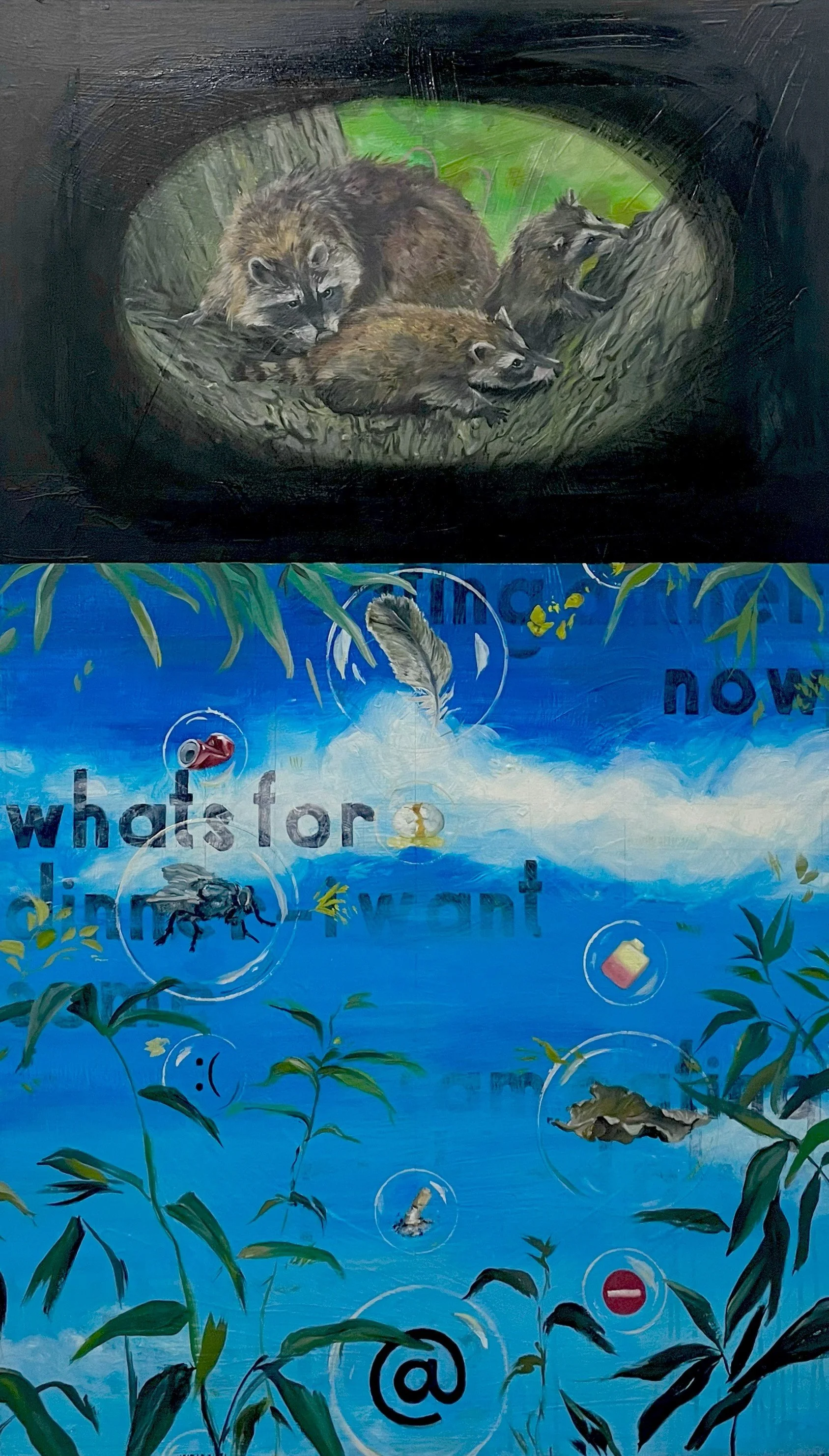 "Shrine to Trash Pandas", oil, acrylic and pen on canvas, 135cm x 65cm, 2025