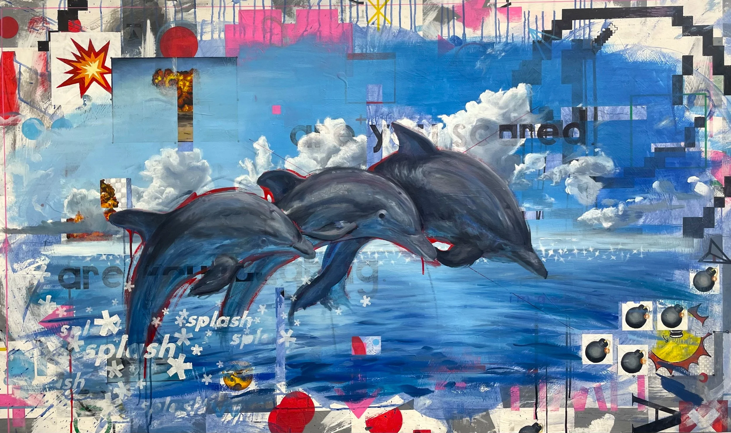 "New-Age Valkyrie Symphony", oil, acrylic and pen on canvas, 90cm x 150cm, 2025