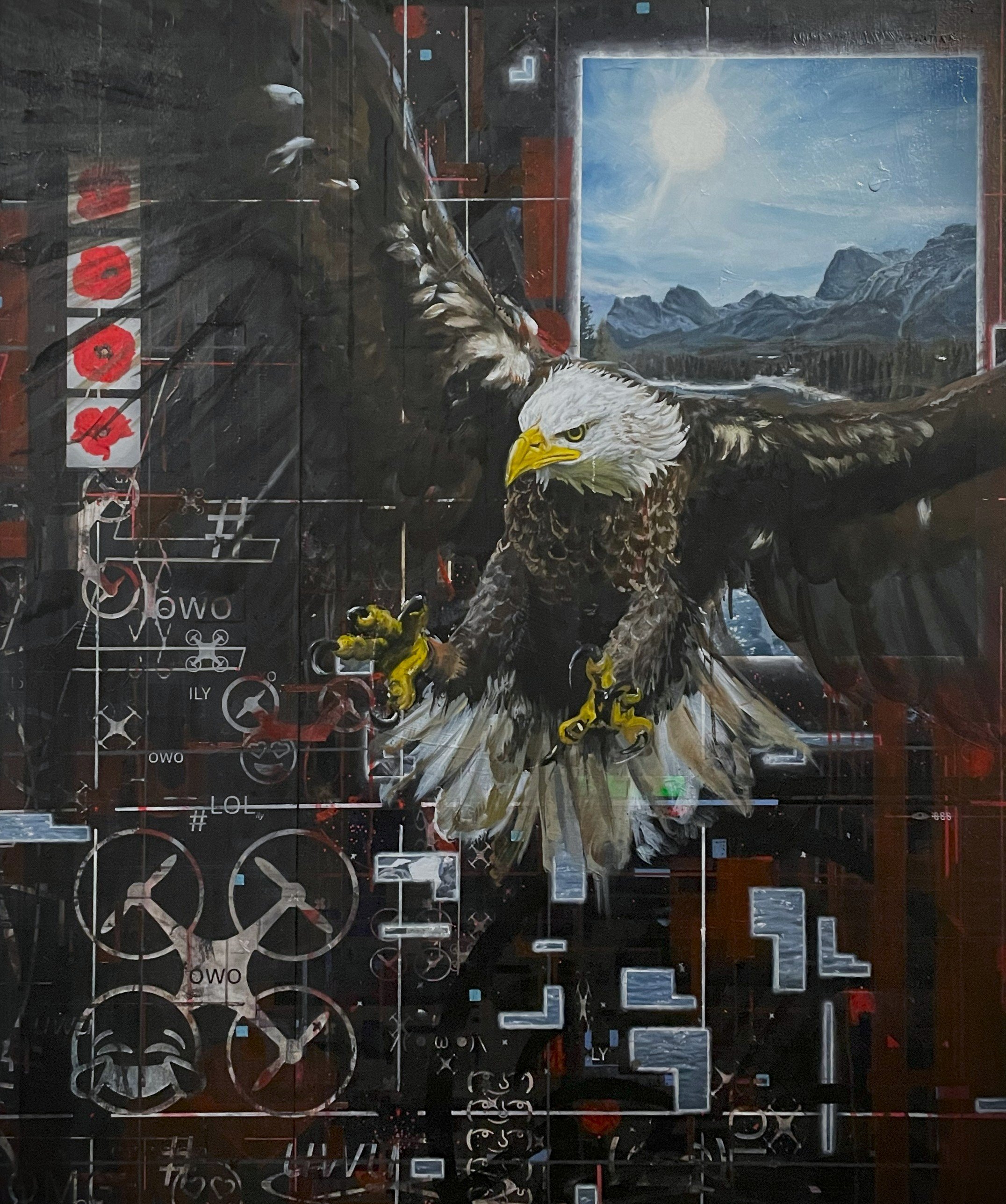 "Eagle5000", 120cm x 100cm, oil, acyrlic, pen, and laser-engraving on canvas, 2025