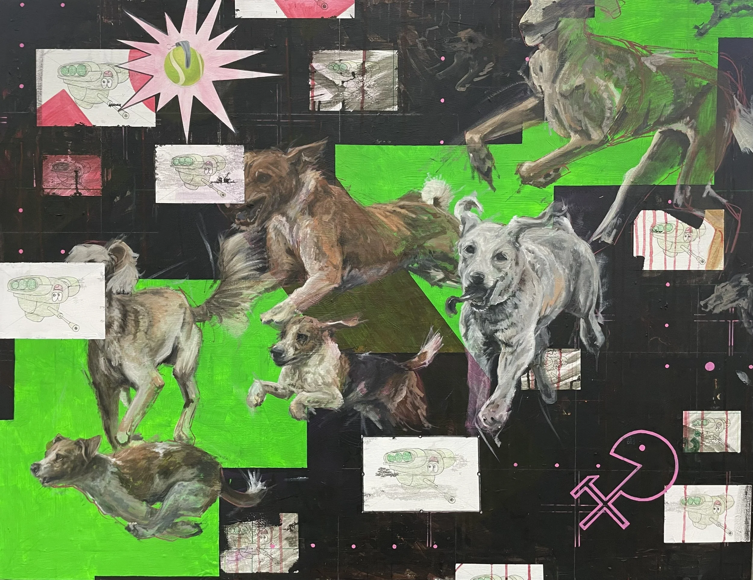 "Goodbye Hounds, Farewell Friends", 100cm x 120cm, oil, acrylic and pen on canvas, 2026