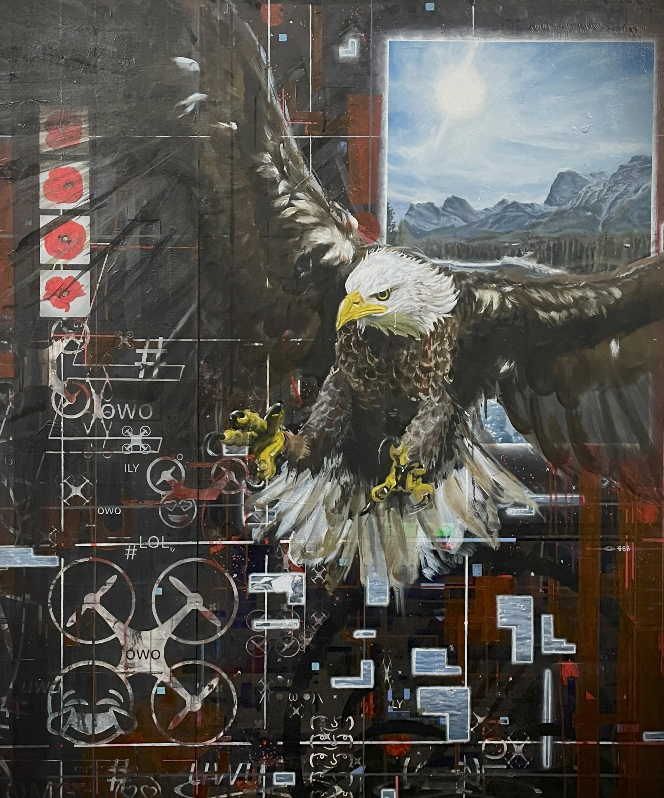"Eagle5000", oil, acrylic and laser engraving on canvas, 120cm x 100cm