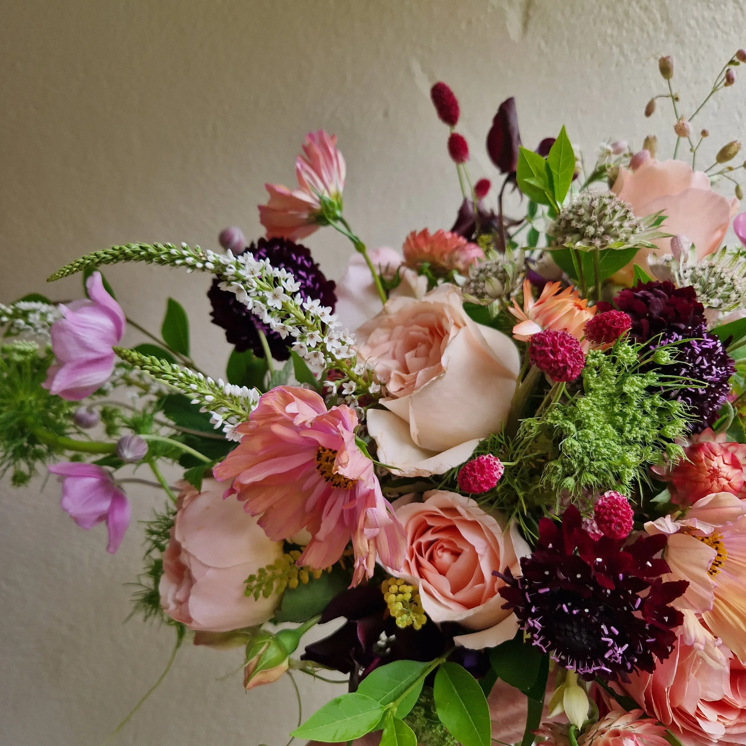 A colourful, wild bouquet of various flowers including pink roses, white lysimachia, peach cosmos and green foliage.