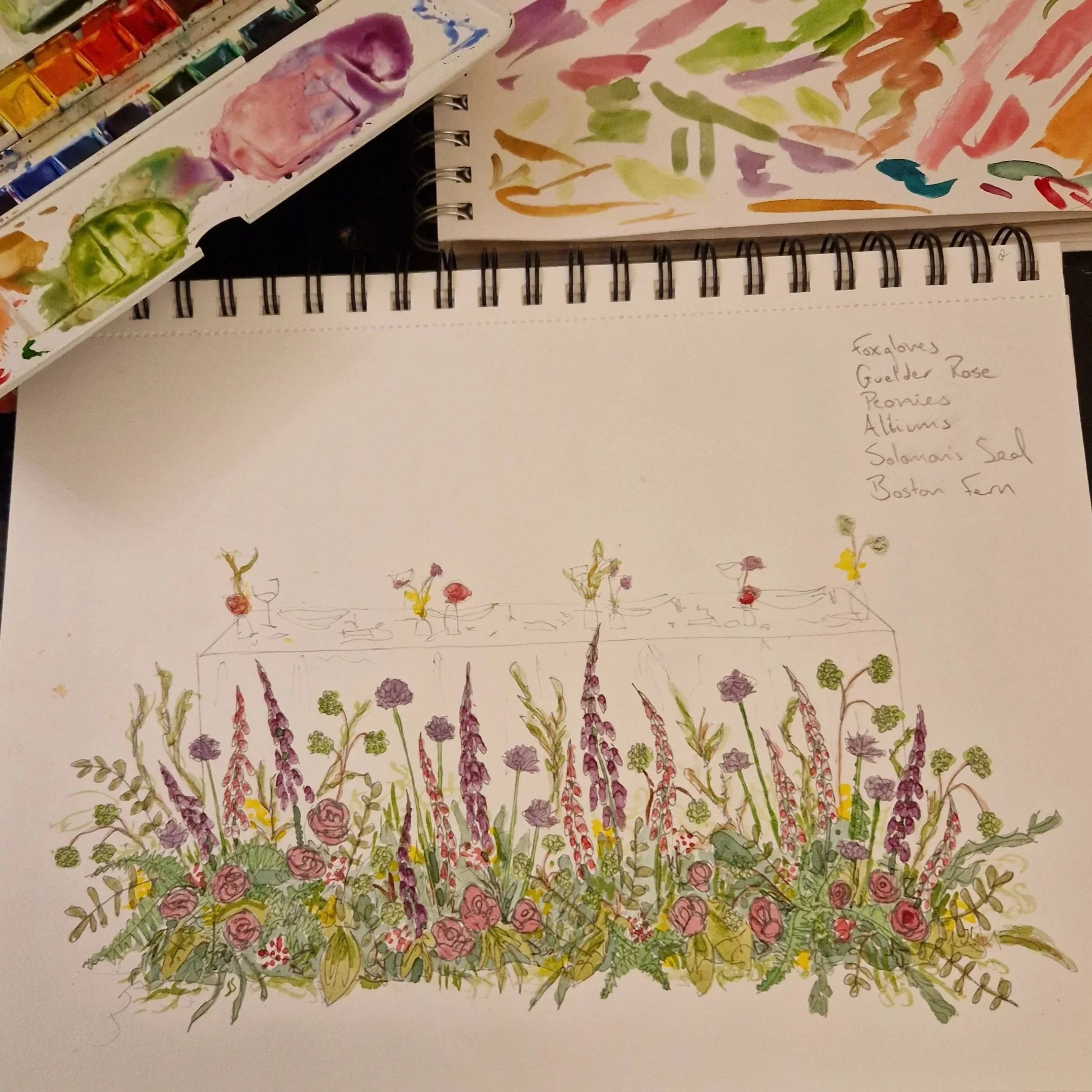 A watercolor illustration of a floral arrangement with pink roses, purple lupines, and green foliage, along with a sketched table set with flowers and items, and a list of flowers written on the top right corner of the page.