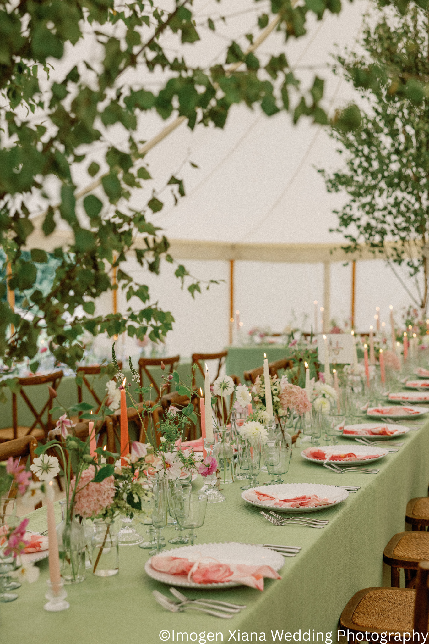 A long banquet table decorated with pink and white flowers, pink candles, and set with plates, cutlery, and glasses under a large tent.