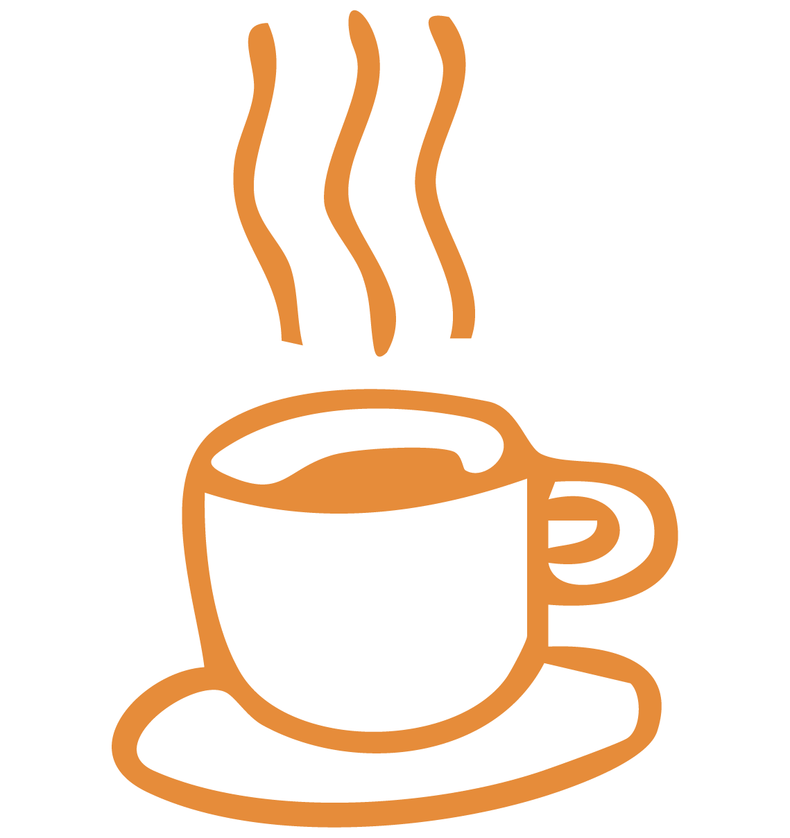 Illustration I orange av en kaffekopp med ångor som står på ett fat.