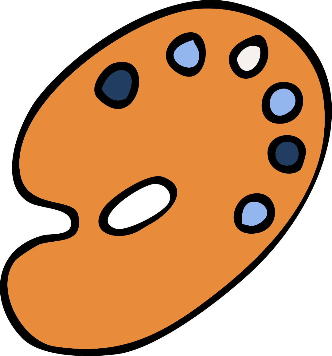 Illustration av en orange färgpalett med färgkluttar i ljusblå, mörkblå och vit.