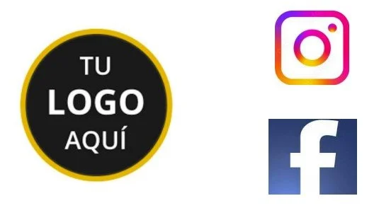 Logotipo circular negro con borde amarillo que dice 'Tu logo aquí', junto a los iconos de Instagram y Facebook.