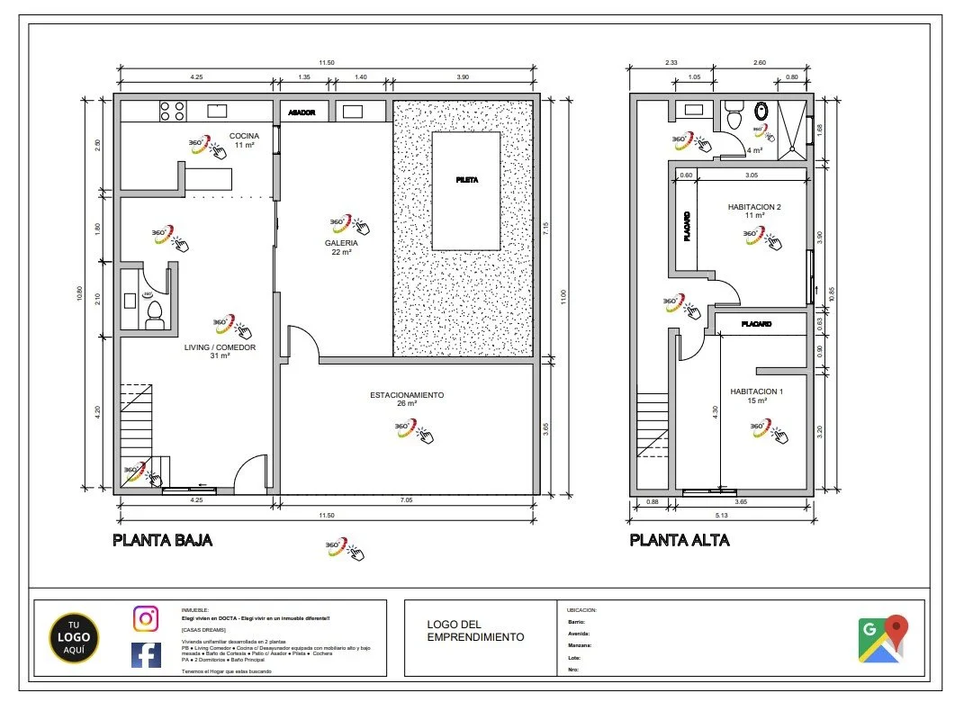 Plano de una casa de dos pisos con áreas designadas para cocina, sala, comedor, galería, estacionamiento, habitaciones y un área con piscina en la planta baja, y habitaciones y baño en la planta alta.