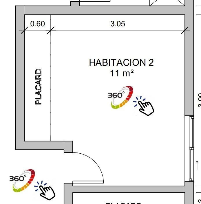 Plano de una habitación etiquetada como 'Habitación 2' de 11 metros cuadrados, con un armario empotrado llamado 'Placard' y símbolos de vista panorámica de 360 grados y una mano señalando en ambas esquinas de la habitación.