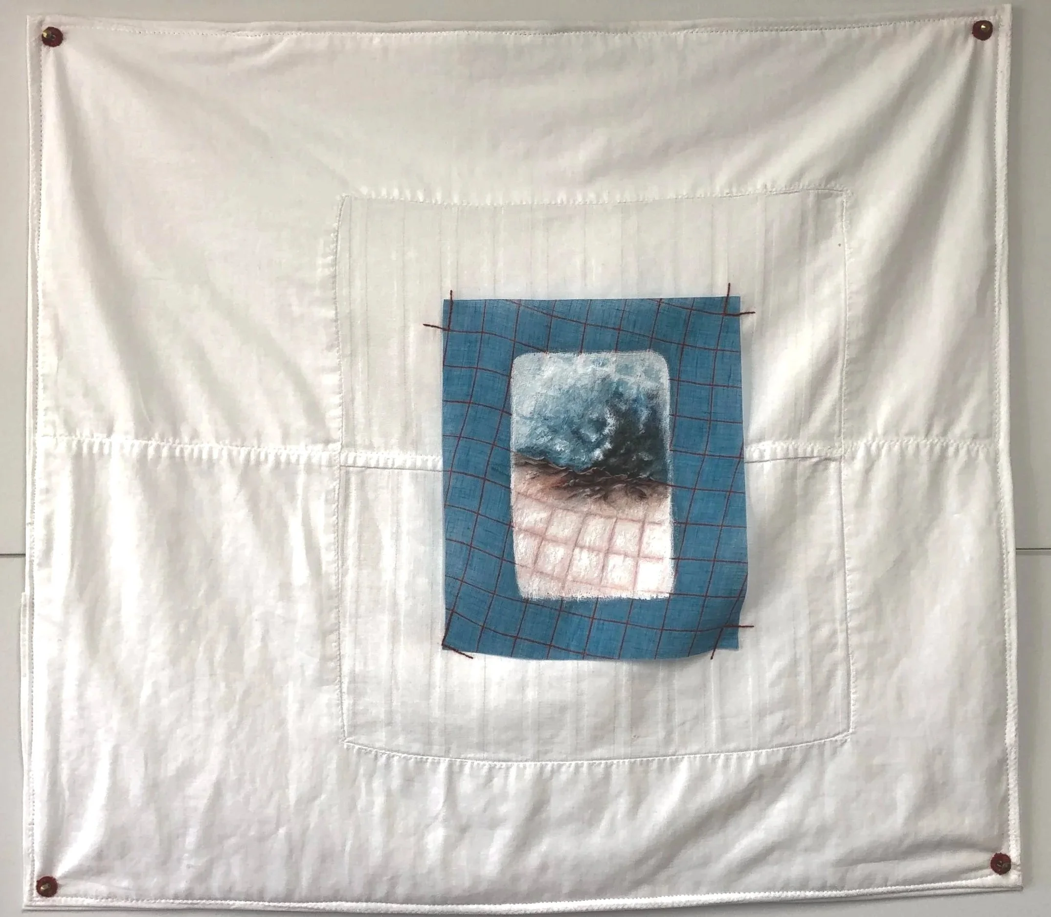 Untiled, 2023. Oil on cotton, embroidery thread on vintage cotton