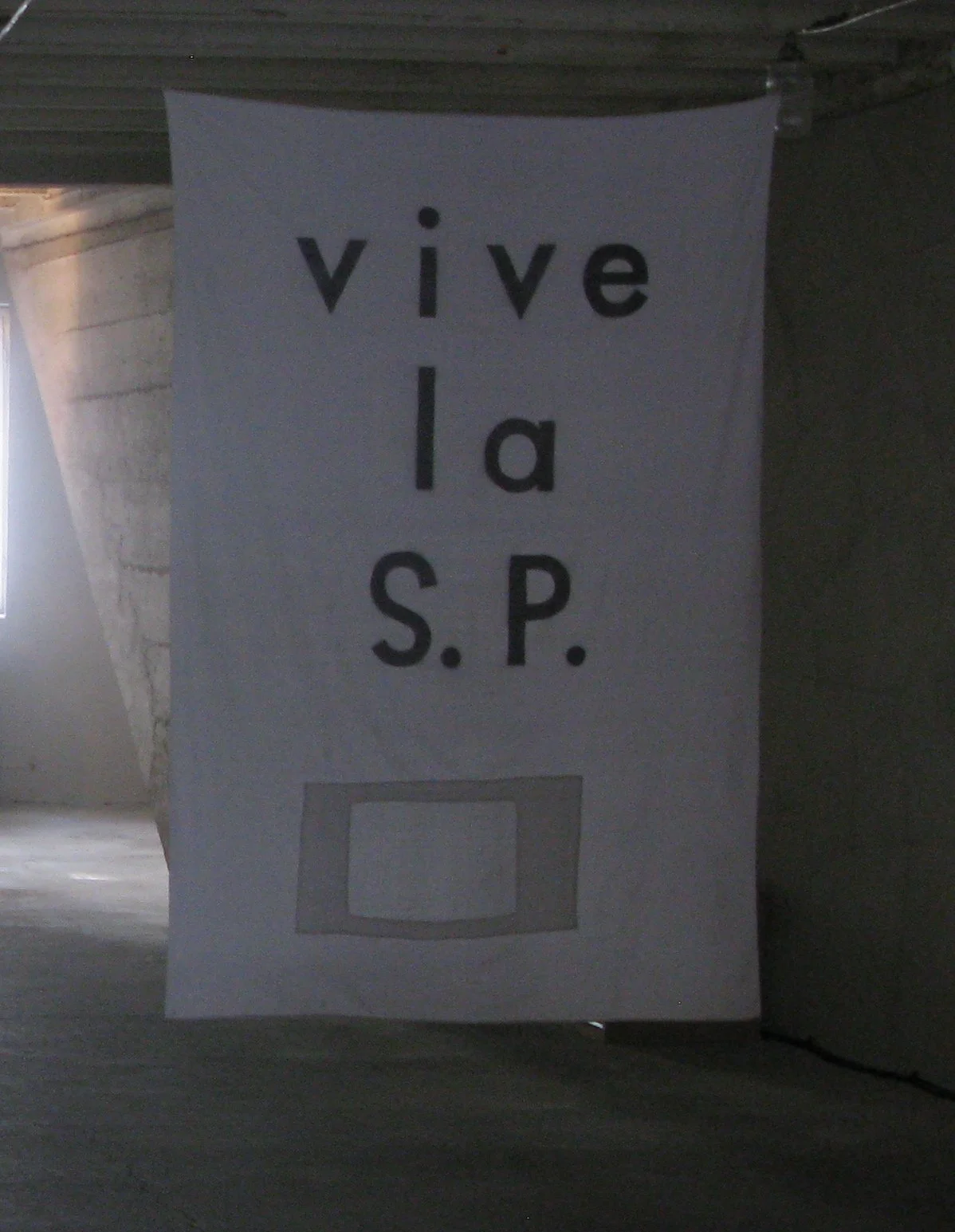 'Vive la S.P.' - Situationists Provincial Banner, graffiti on vintage cotton sheet, 2010