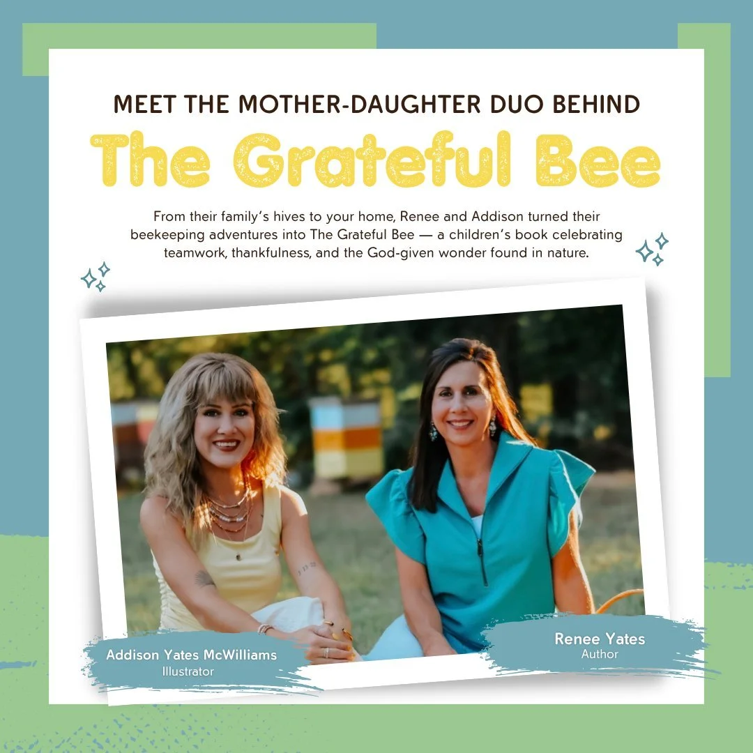 𝐌𝐞𝐞𝐭 𝐭𝐡𝐞 𝐡𝐞𝐚𝐫𝐭 (𝐚𝐧𝐝 𝐡𝐢𝐯𝐞) 𝐛𝐞𝐡𝐢𝐧𝐝 𝐓𝐡𝐞 𝐆𝐫𝐚𝐭𝐞𝐟𝐮𝐥 𝐁𝐞𝐞! 🐝
What started as a shared love of bees became a family project rooted in faith, creativity, and gratitude.
Written by Renee Yates and illustrated by her dau