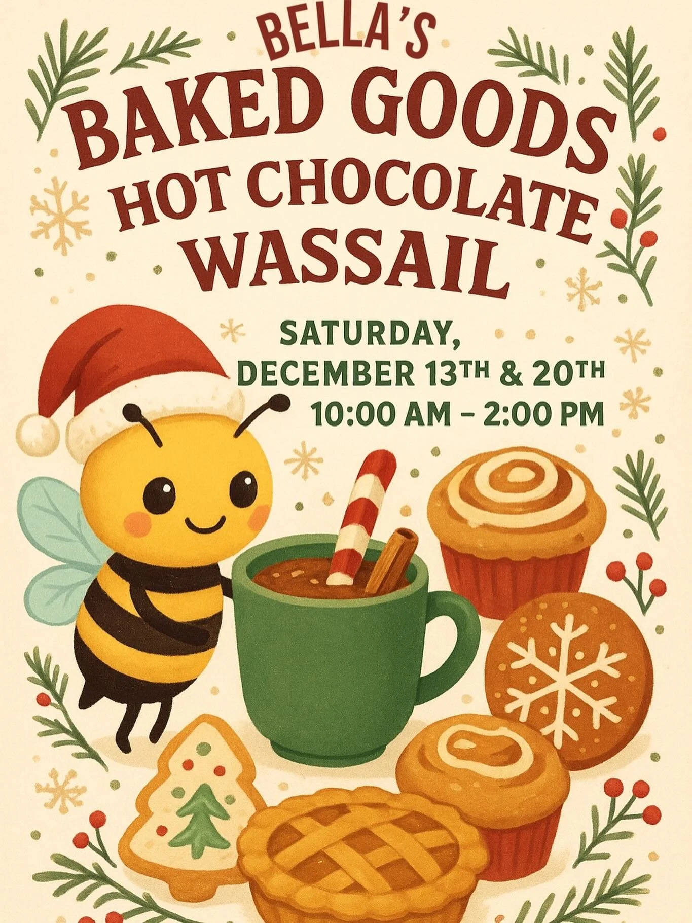 We will have a goodie table 2 Saturdays in Dec.🐝
~The 13th &amp; 20th from 10-2🥧🍪🍰~
Bella (one of the Overflow daughters) will be bringing her delicious, hand made desserts for purchase. 
We will also be providing free hot chocolate and wassail!☕
