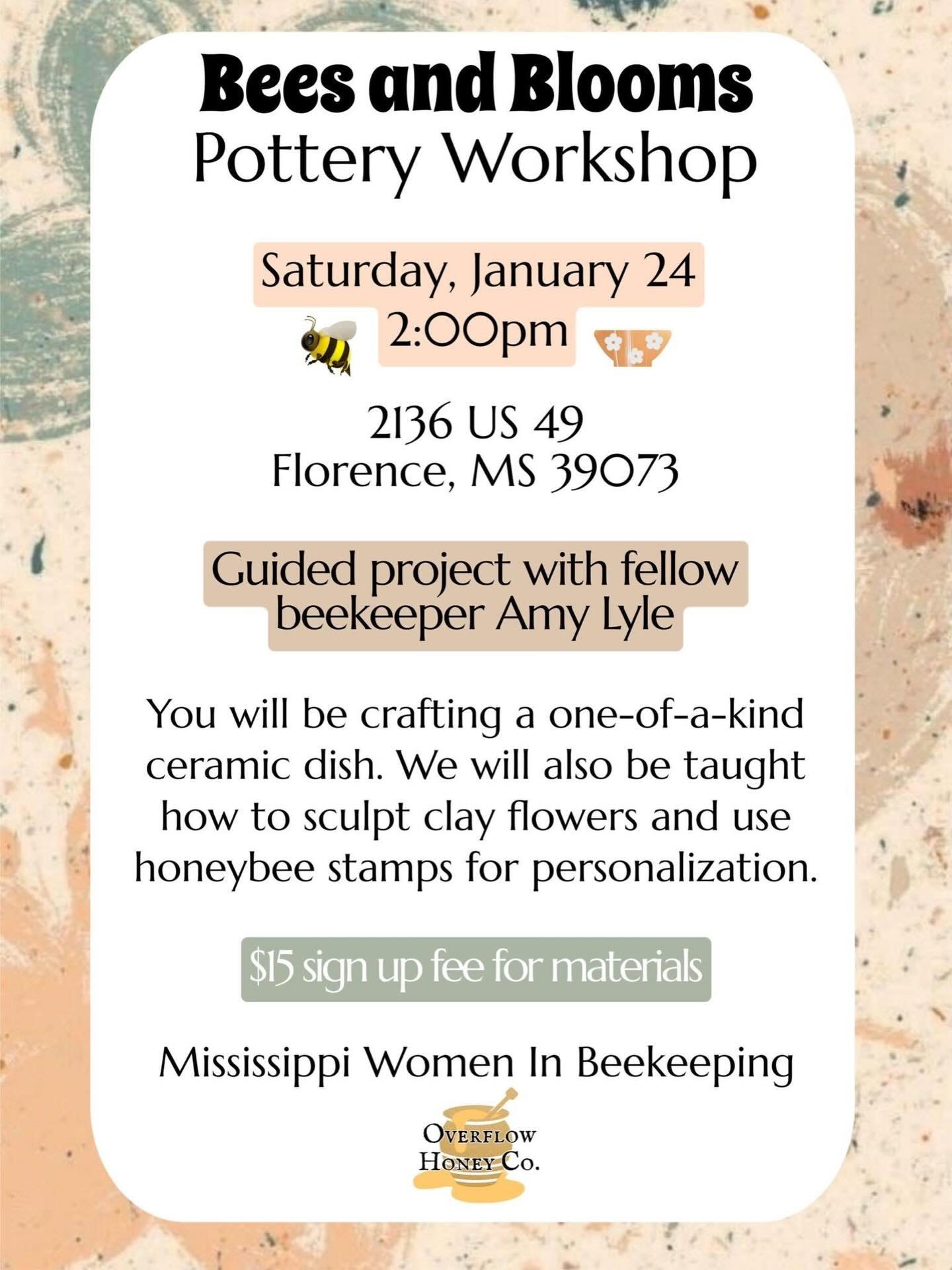 𝓦𝓸𝓶𝓮𝓷 𝓲𝓷 𝓫𝓮𝓮𝓴𝓮𝓮𝓹𝓲𝓷𝓰👋🏼🐝
Join Us for a &ldquo;Bees and Blooms&rdquo; Pottery Workshop! 
Looking for a creative way to spend an afternoon? Come get your hands messy and create a functional piece of art!  We are hosting a special hand