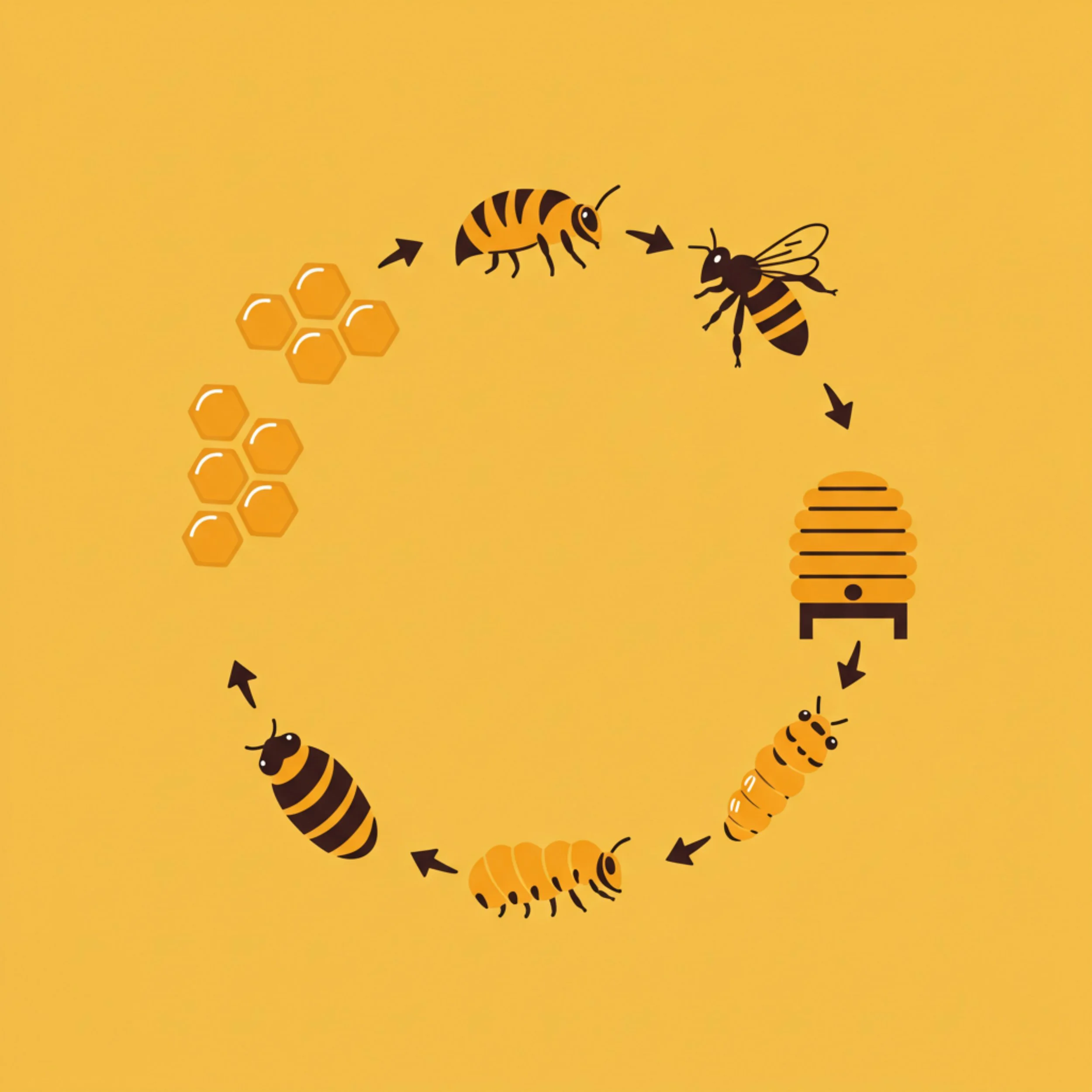 Illustration of the honey bee life cycle, showing bees collecting nectar, making honey, and reproducing through various stages from egg to adult bee.