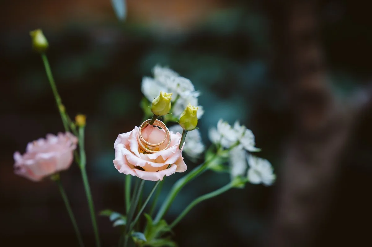 Blumen und Eheringe in der Blüte