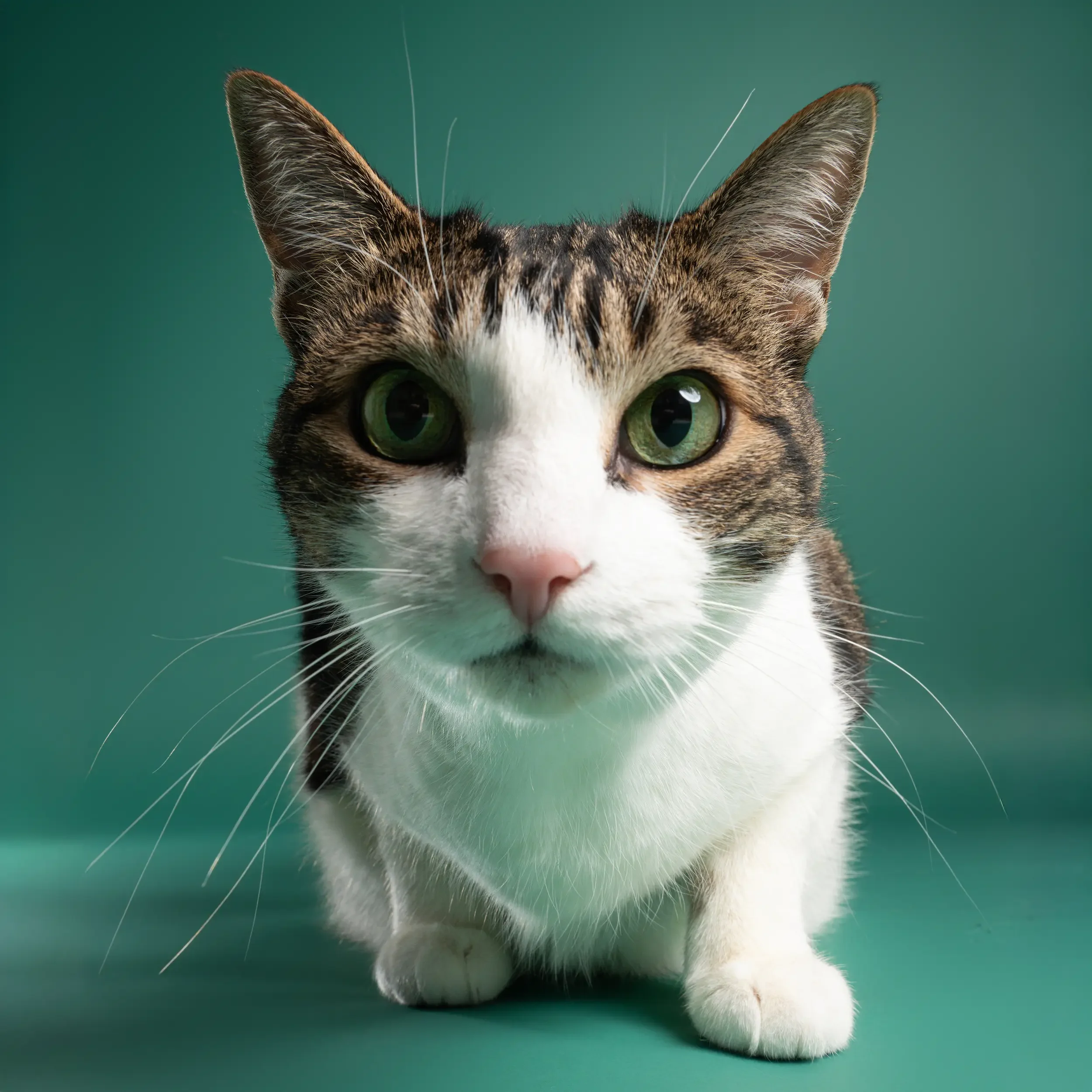 Studio portrait of a curious tabby and white cat with green eyes on a teal background