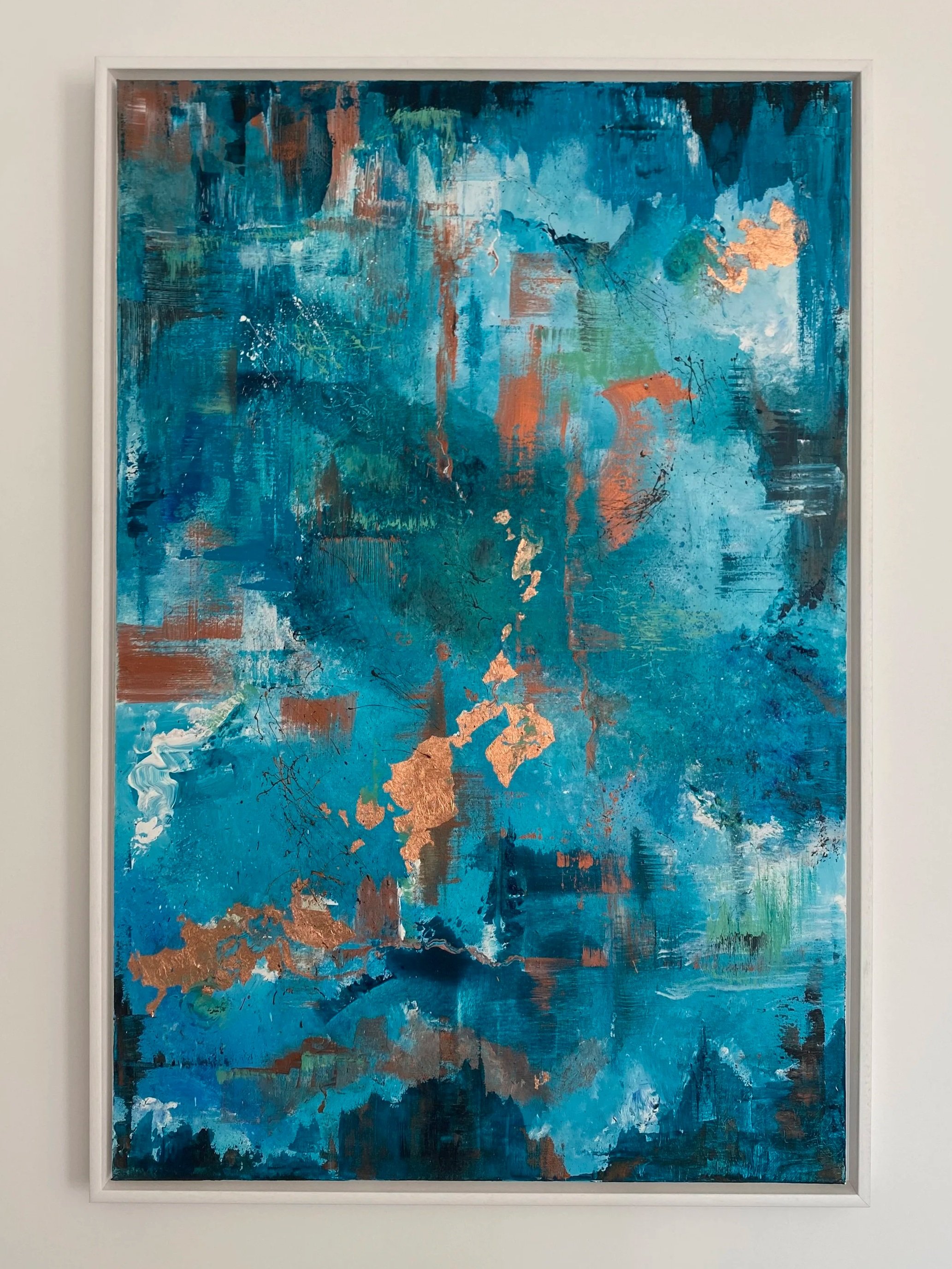 Abstract painting with shades of blue, green, and copper, featuring textured and layered brushstrokes.