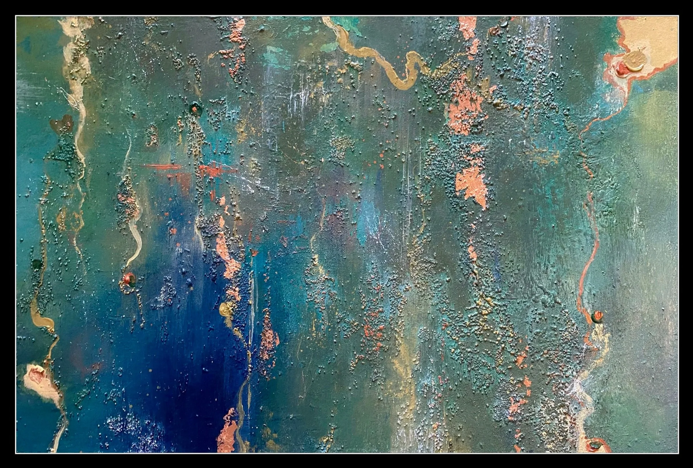 Abstract textured painting with layers of green, blue, gold, and coral colors, featuring raised patterns, lines, and spots of different sizes and textures.