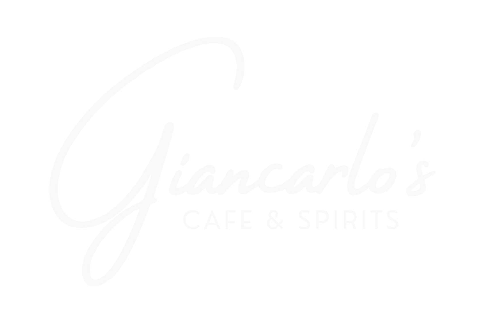 Logo for Giancarlo's Café & Spirits in white cursive and block lettering on black background.