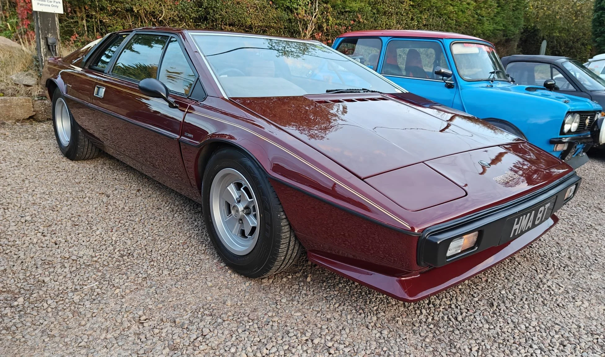 A maroon classic sports car parked on gravel, with a blue vintage car and another black car in the background, and trees behind.