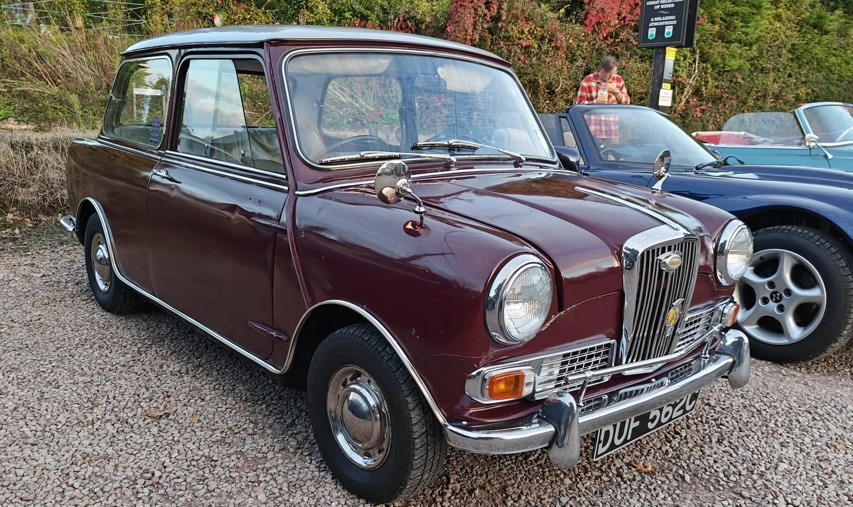 A vintage maroon car with chrome details parked on gravel, with other classic cars and a person in the background.