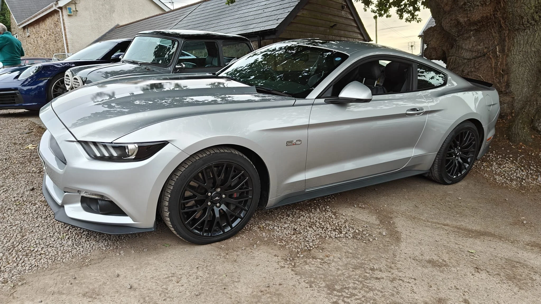 Silver Ford Mustang sports car with black wheels parked under a tree, with vintage cars visible in the background.