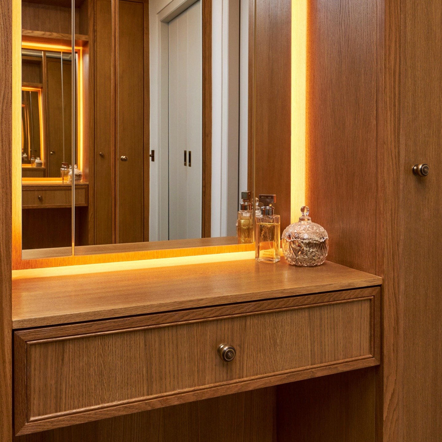 The dressing room of a recent country house project we completed near Sevenoaks. Limited space &amp; maxim storage combined with restrained detailing and finishes, creates an elegant &amp; highly functional combination