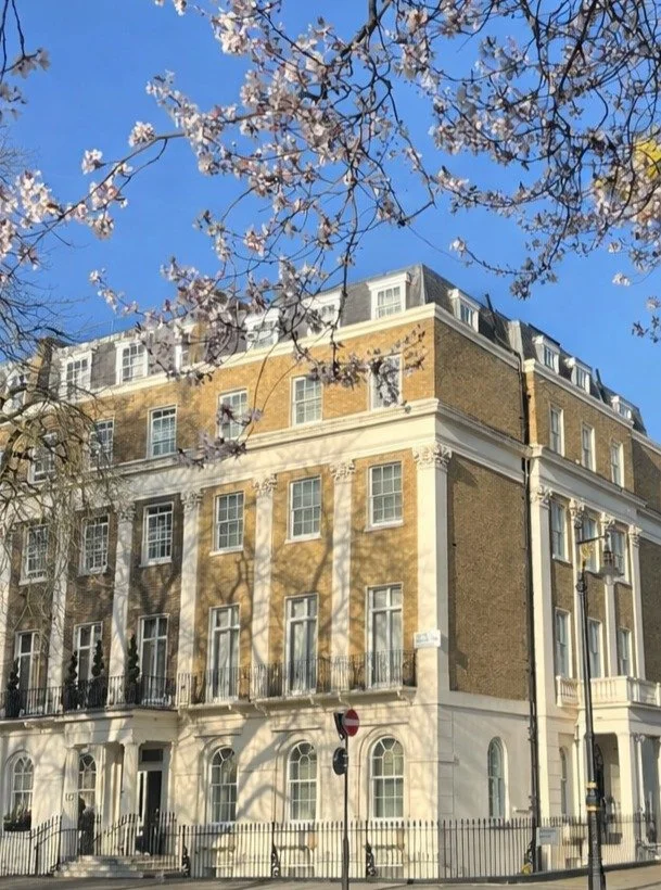 Nice day for a site visit, cherry blossoms out in Belgravia.