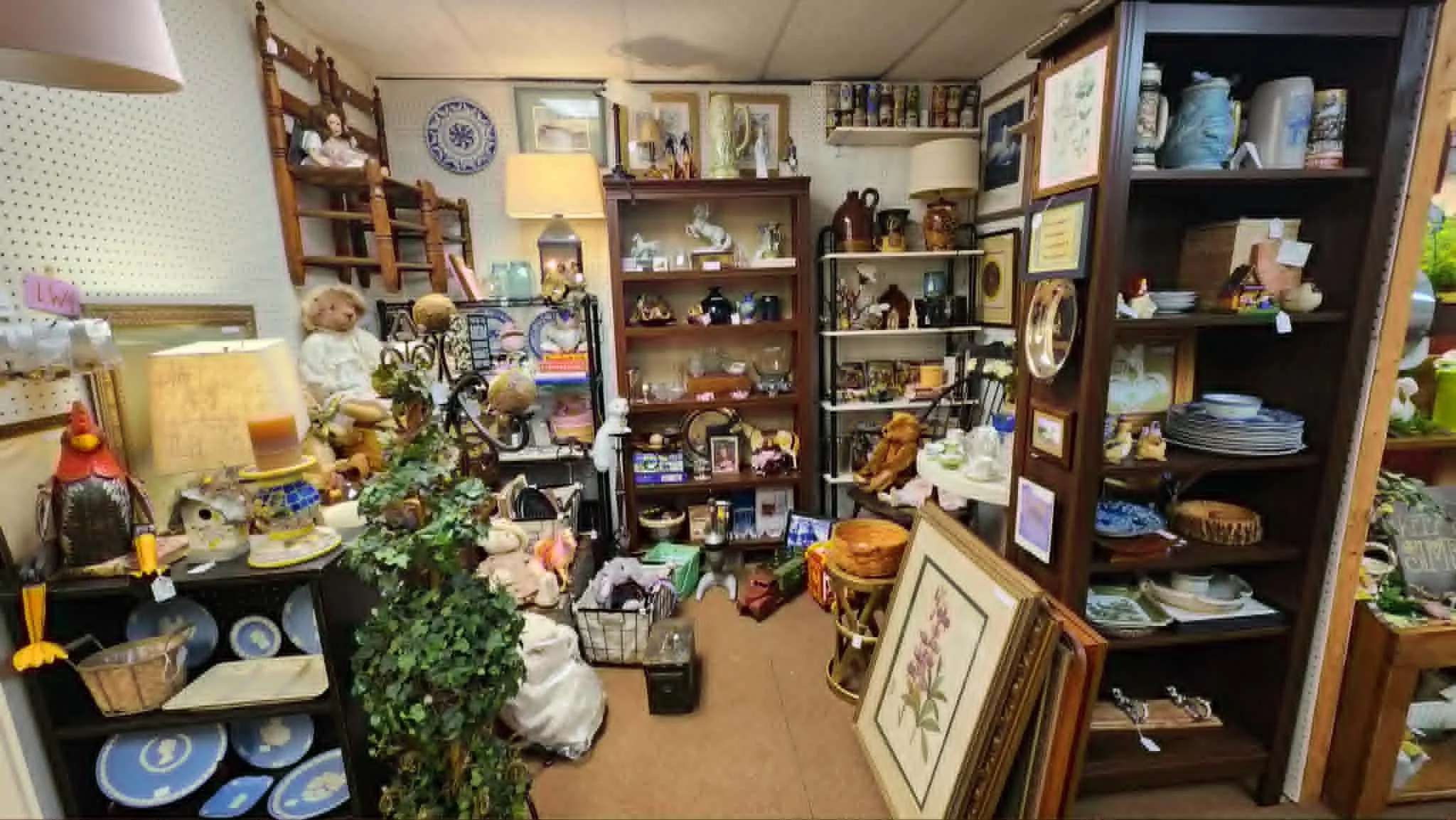 Indoor thrift store with shelves and tables filled with various secondhand items including decor, plates, books, and toys.