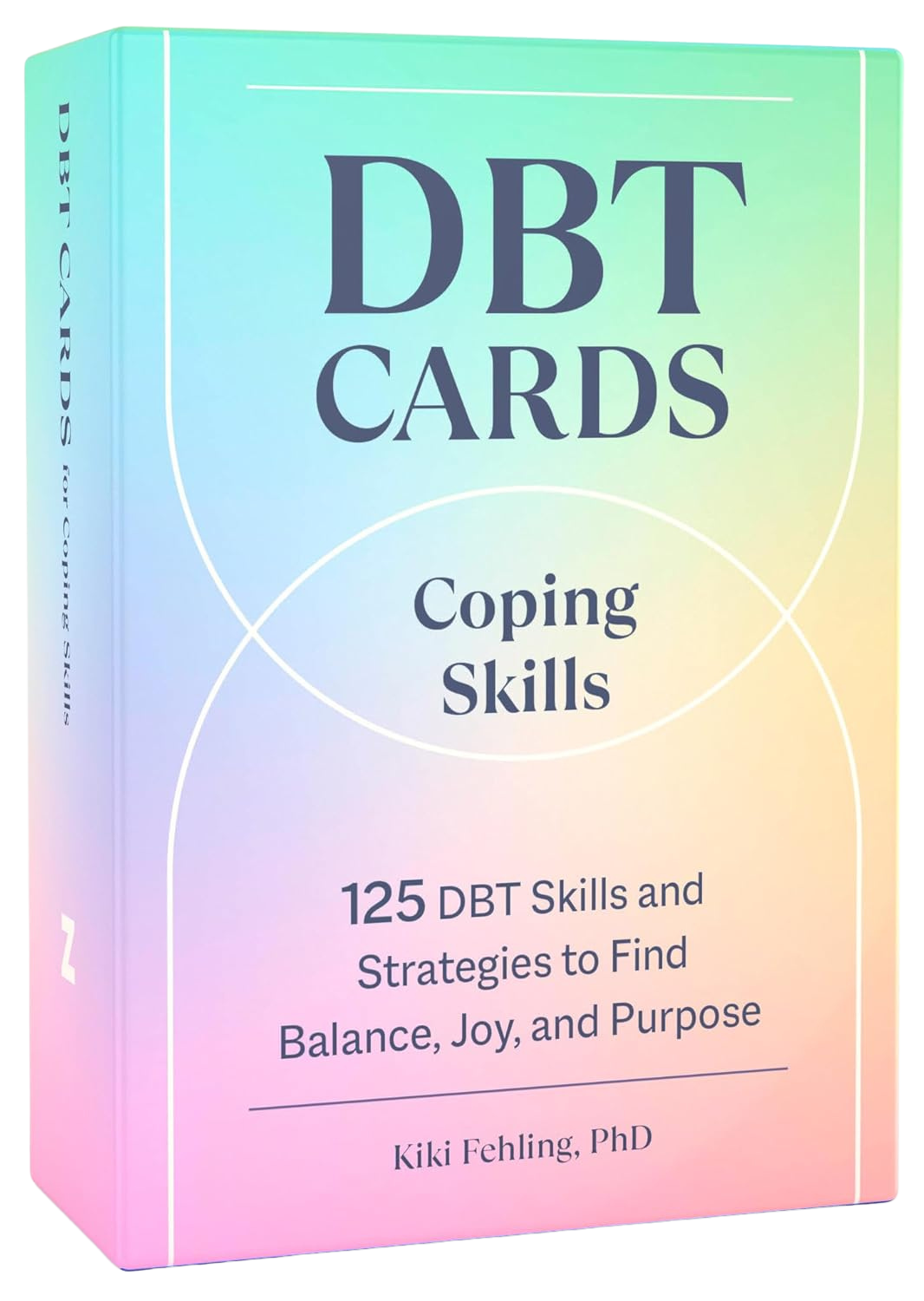 Pastel rainbow-colored box of cards titled 'DBT Cards for Coping Skills' by Kiki Fehling, PhD.