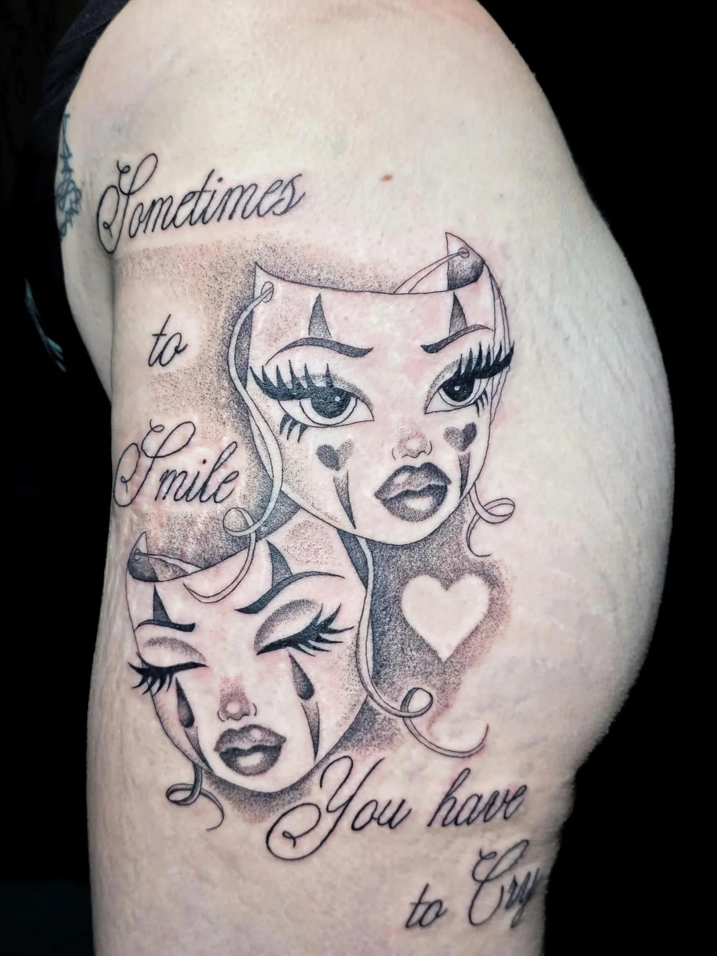 Capturing the balance between the highs and lows every tear, every smile, all in one piece🎭
.
.
Tattoo Artist: @ambrosia_tattoos 
.
.
Lagrange, GA