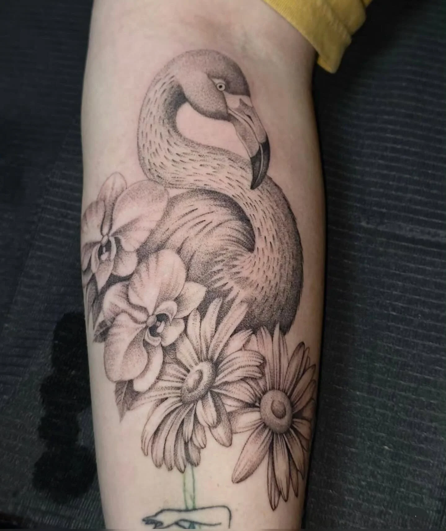 A flamingo emerging from florals balance between grace and strength in dotwork form🦩
.
.
Tattoo Artist: @ambrosia_tattoos 
.
.
Lagrange, GA