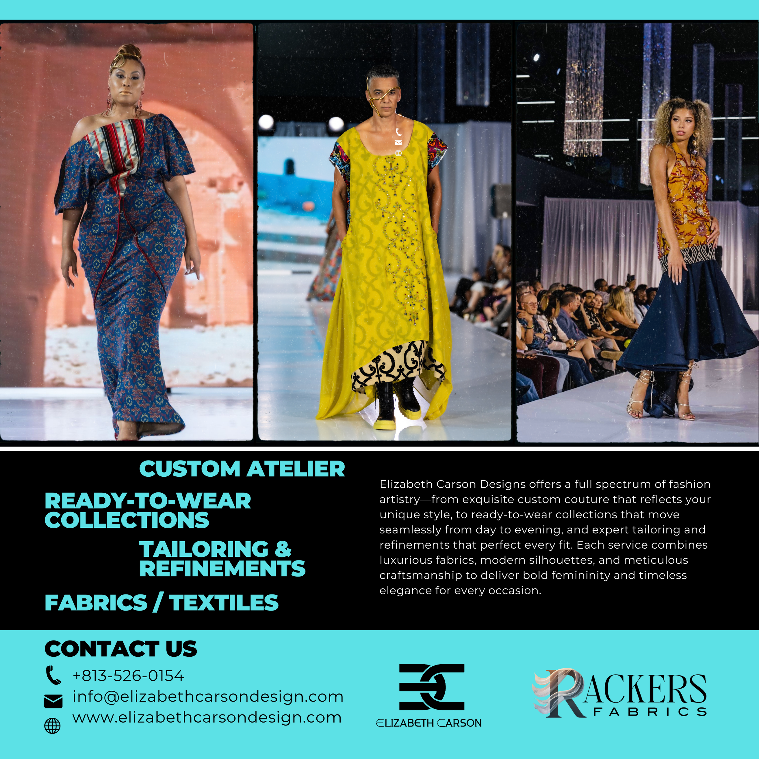 Three models walking runway in colorful designer outfits at a fashion show with audience in background.