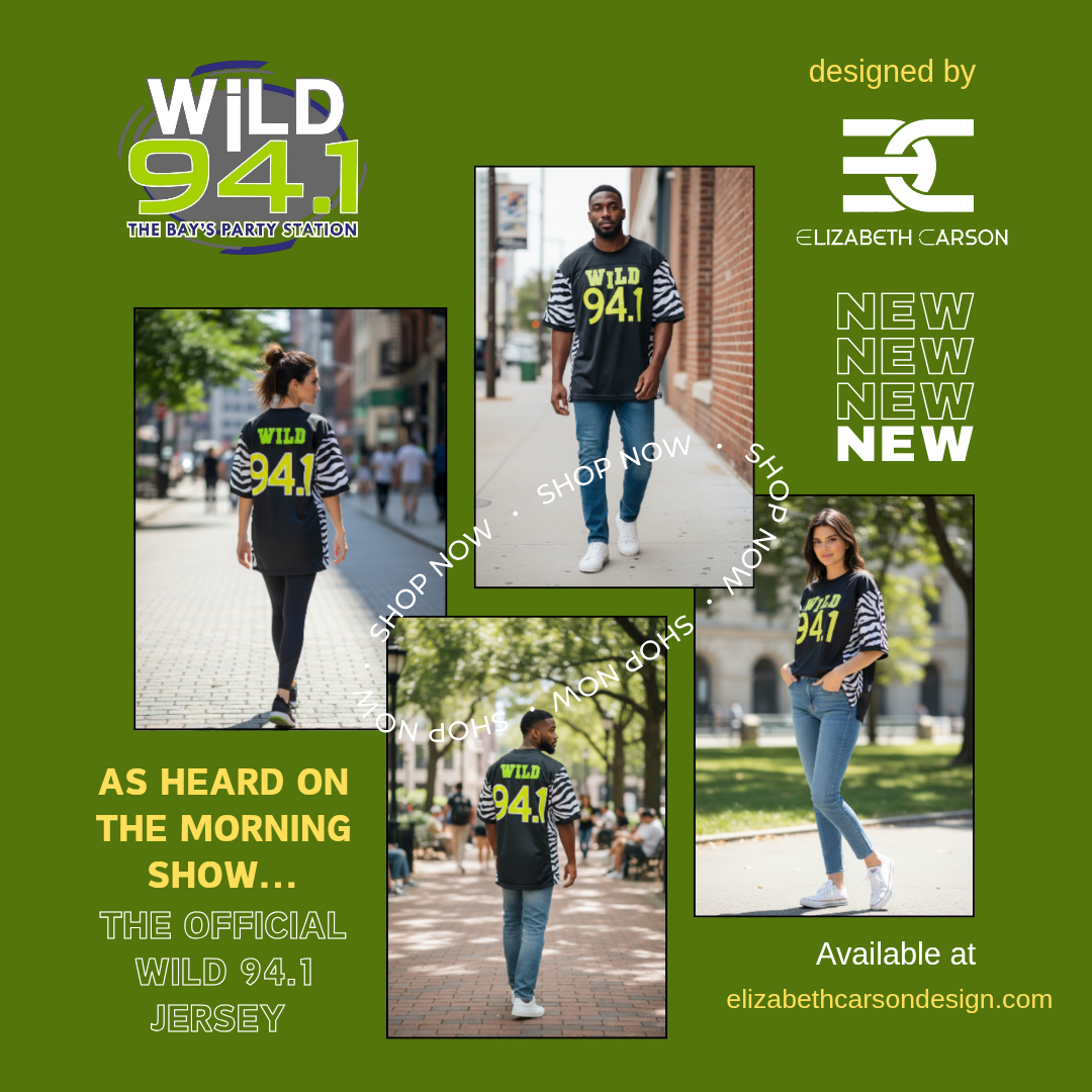 Promotional collage for WILD 94.1 radio station featuring people modeling black and white jerseys with "WILD 94.1" printed on the back, set in urban outdoor settings. Includes logos, slogans, and website URL.