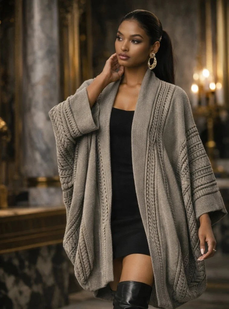 Gray Sweater Knit Fly Jacket with Cowl Neck Detail