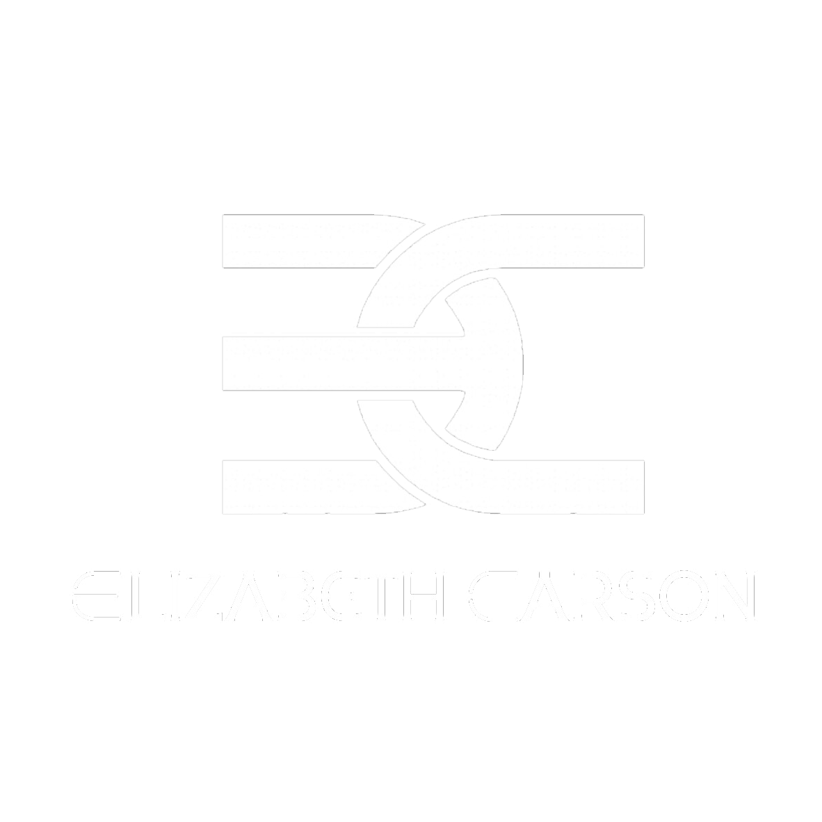A black background with a white abstract logo consisting of geometric shapes and the text 'Elizabeth Carson' in white below it.