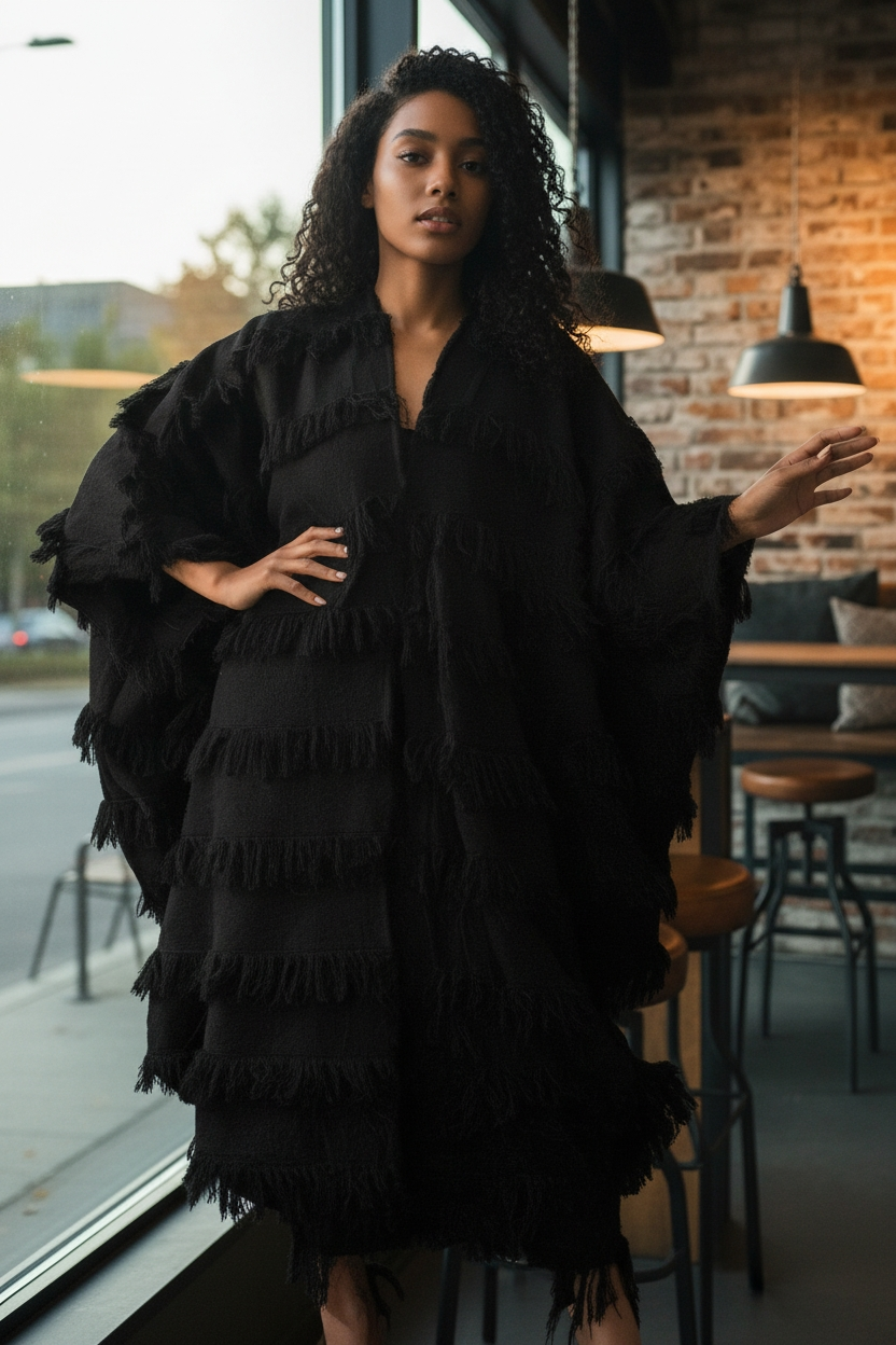 Black Cotton Fringe Fly Jacket