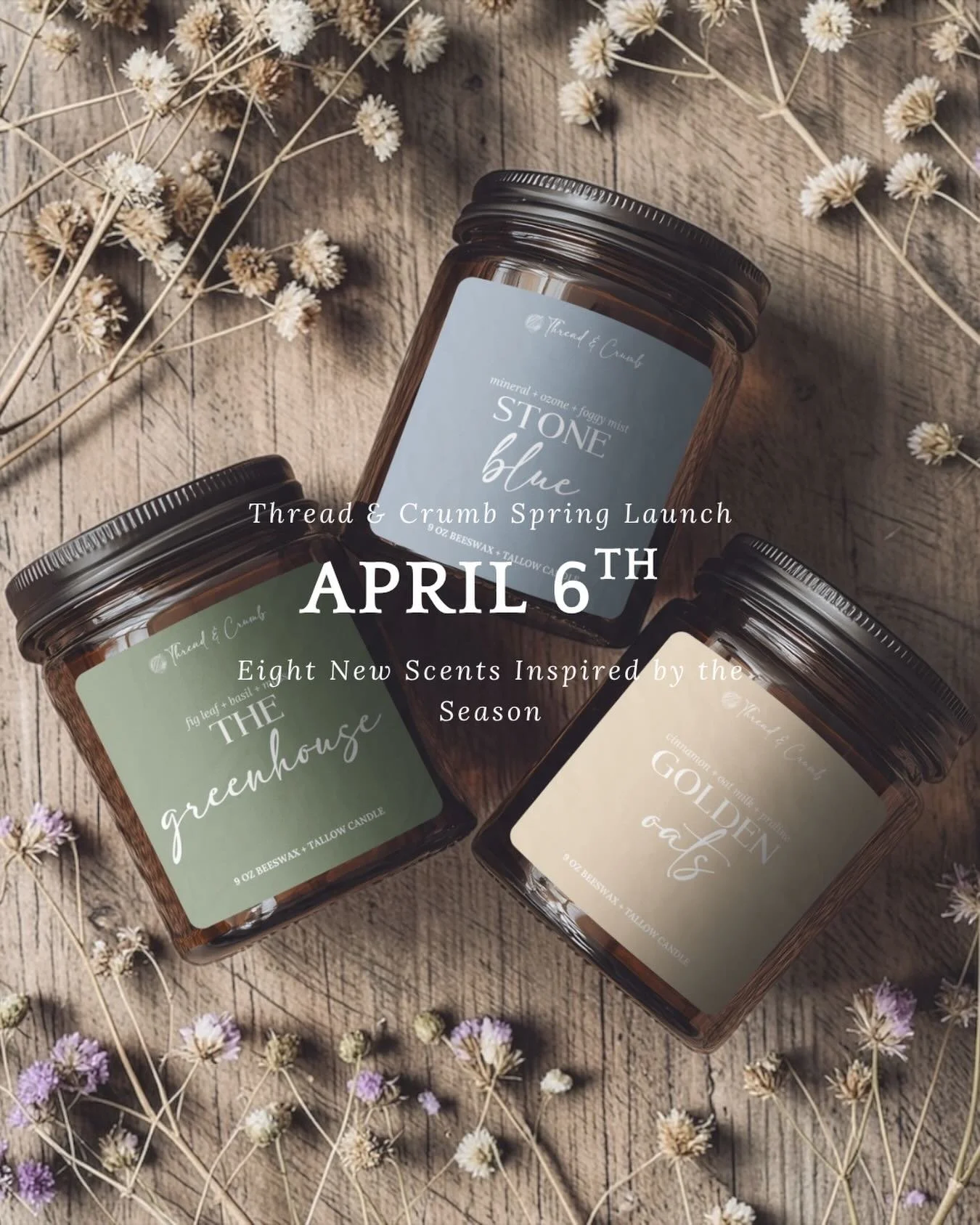 Spring is arriving 🌿

Eight new scents inspired by slow mornings, open windows, and fresh air drifting in.

Thoughtfully poured with our signature beeswax + tallow blend &mdash; clean, cozy, and made for everyday living.

✨ Launching April 6th

I ca