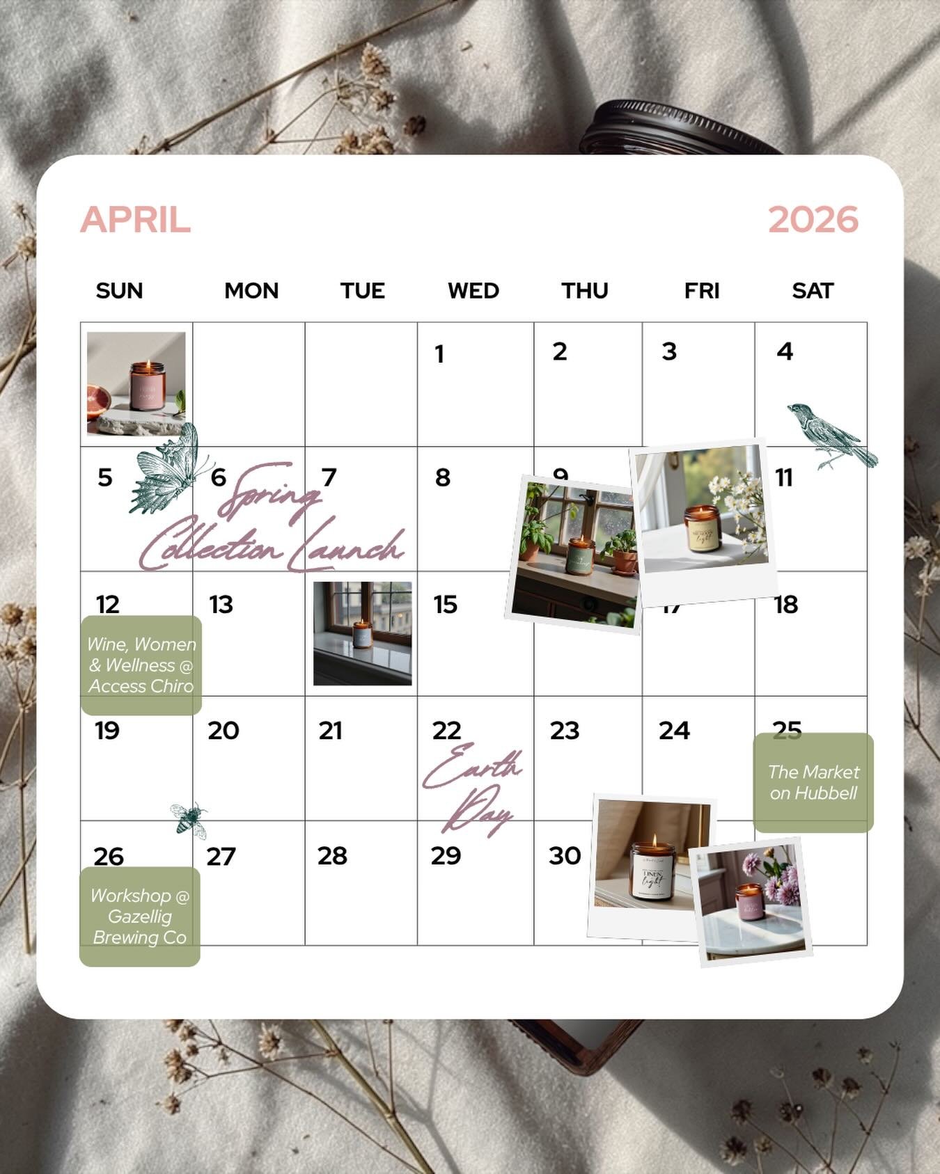 APRIL 🌿
Soft light, fresh pours, and a full calendar.

This month brings the official arrival of our Spring Collection &mdash; along with a few of our favorite ways to gather, connect, and slow down a little.

✨ Spring Collection Launch
🌿 Wine, Wom