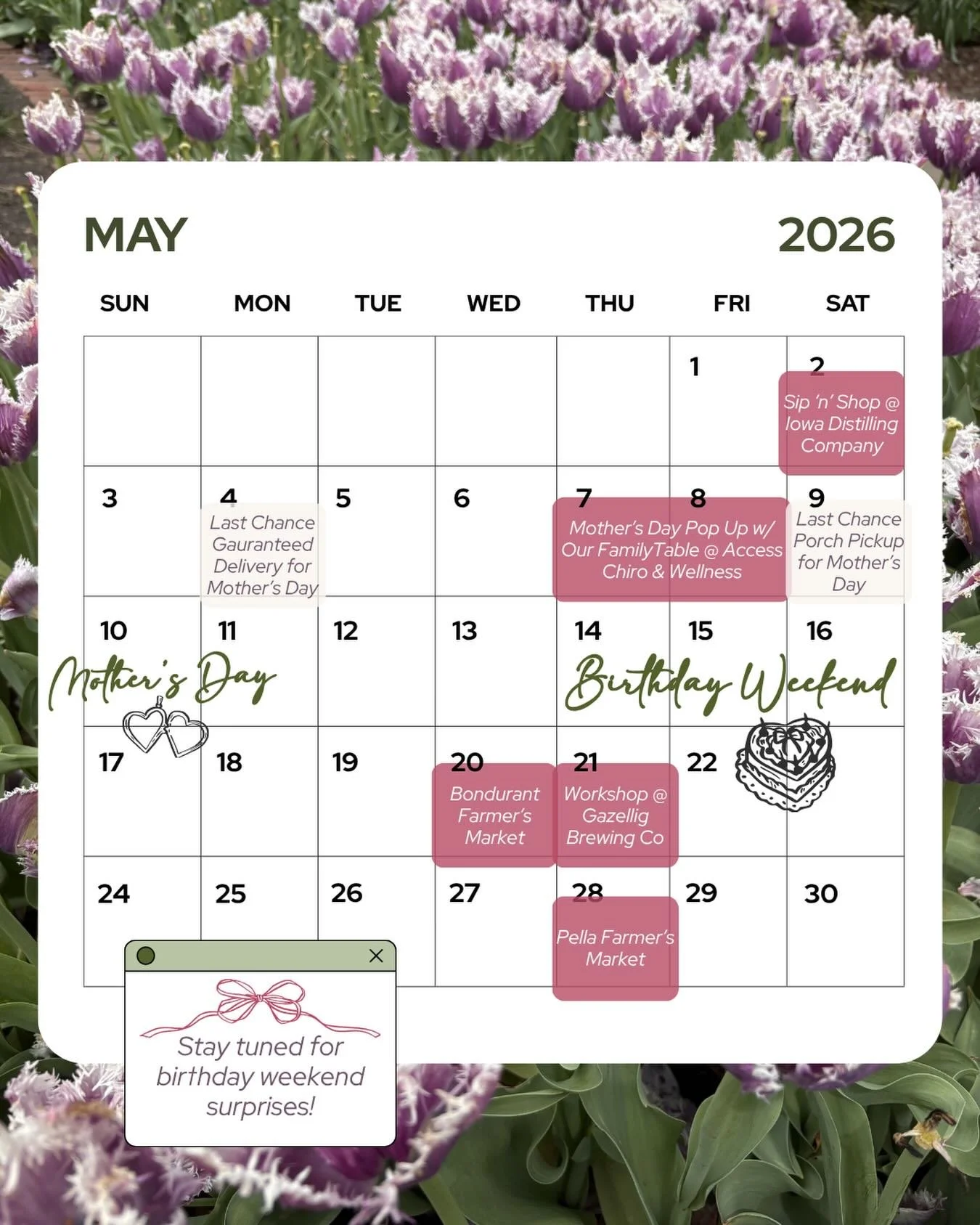 MAY 🌷
Golden evenings, fresh blooms, and a full calendar.

This month is all about celebrating the moms, showing up in community, and leaning into slow, intentional moments 🤍
🛍️ Sip &lsquo;n&rsquo; Shop @ Iowa Distilling Co. 
✨ Mother&rsquo;s Day 