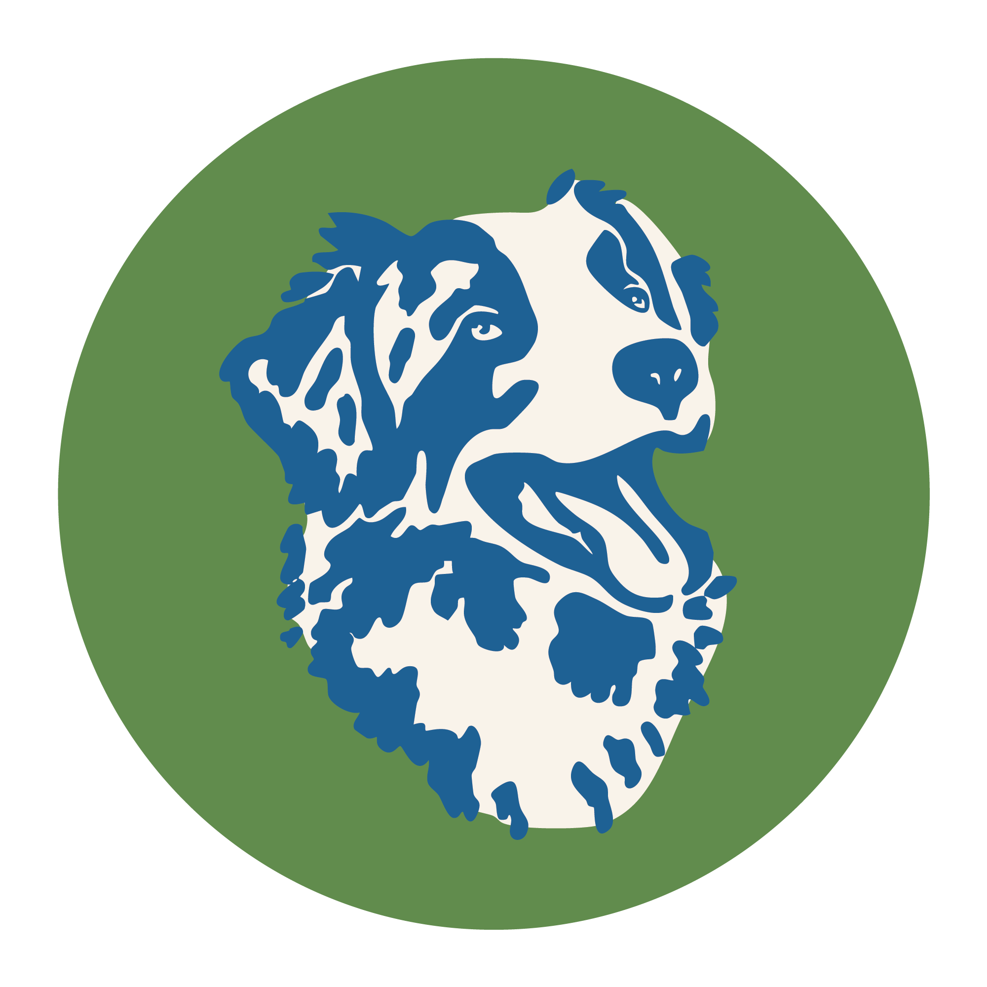 Illustration of a dog's head with patches of black and white fur, set against a green circular background, representing Companion Animal Wellness.