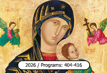 Religious icon depicting the Virgin Mary with baby Jesus, angels in the background, and Christian symbols.